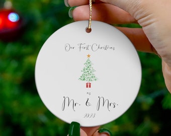 Our first Christmas as Mr. & Mrs. Ceramic Christmas Ornament, First Christmas Married Ornament, Mr and Mrs Christmas Tree Ornament