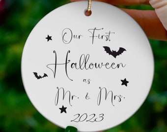 Our First Halloween as Mr. & Mrs. Ceramic Christmas Ornament, gift for Newlywed couple, Gift for bride and groom