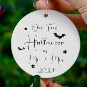 Our First Halloween as Mr. & Mrs. Ceramic Christmas Ornament, gift for Newlywed couple, Gift for bride and groom image 1