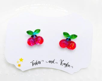 Red cherry earrings, Mini Valentine's studs, a fun gift for her, teeny tiny cherry jewelry, cutecore cheeries