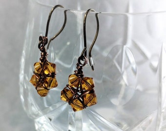 Topaz Swarovski Crystal 5 point Star Earrings 2cm Drop Antique Copper