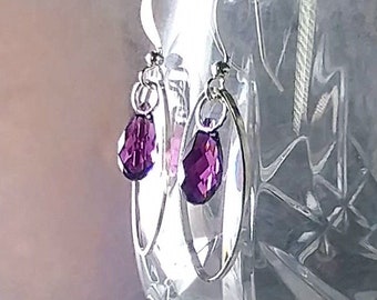 Swarovski Crystal Teardrop Earrings 1" drop,  Amethyst, Jet, Chrysolite Opal