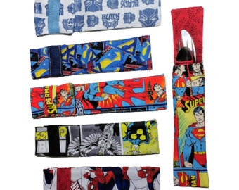 Cutlery or Eating Utensil Travel Pouch Silverware holder No more single use plastic Washable 100% cotton Colorful superhero themes for kids