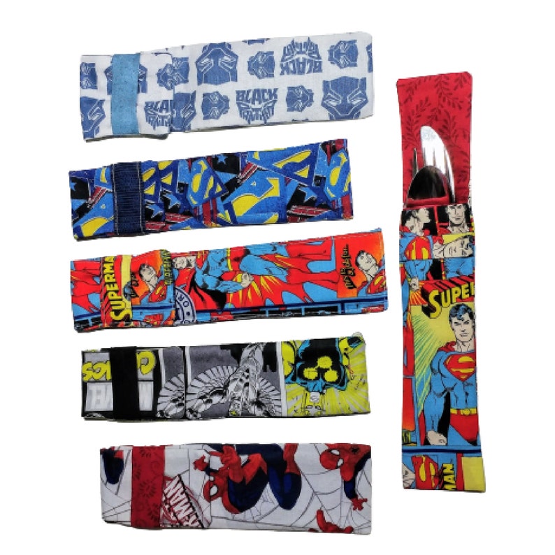 Cutlery or Eating Utensil Travel Pouch Silverware holder No more single use plastic Washable 100% cotton Colorful superhero themes for kids image 1
