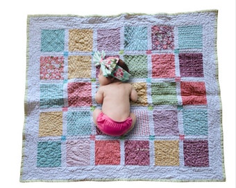 Homemade baby Quilt, traditional pattern, Stroller Blanket, pastel, feeding cover up, crib quilt Baby shower gift, new mom gift 35 x 30