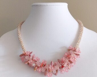 Blushing Pink Braided Chunky Beaded 20 - 22" Rope Necklace, bridal jewelry