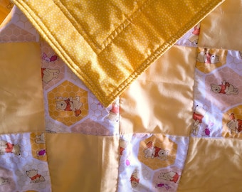Handmade Winnie the Pooh Baby Quilt, Yellow Cotton Blanket (26 x 46)