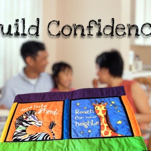 Child and parents at dinner table with image of bright placemat with colourful animals and words of encouragement in the foreground.