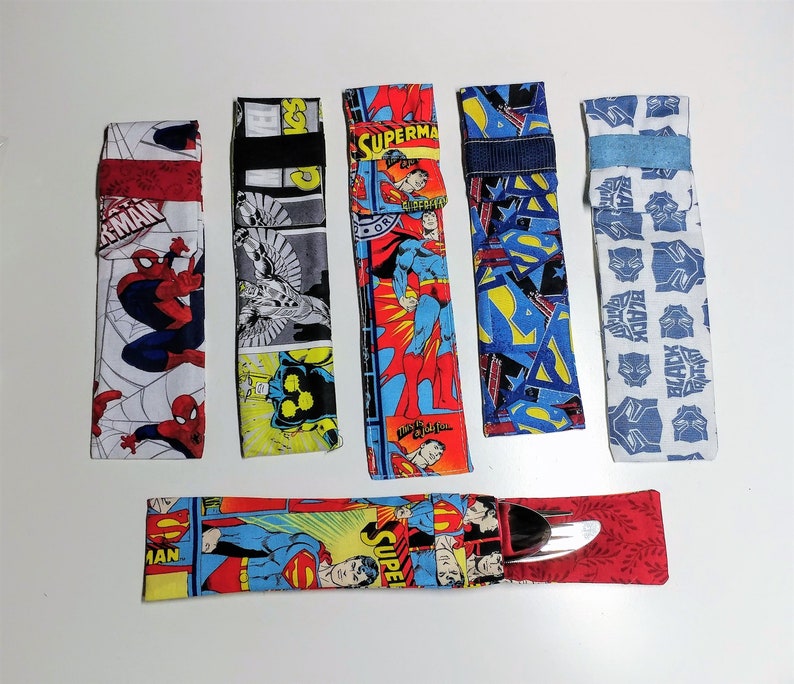 Cutlery or Eating Utensil Travel Pouch Silverware holder No more single use plastic Washable 100% cotton Colorful superhero themes for kids image 7