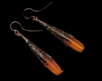 Gothic Sea Glass Bronze or Silver Filigree Earrings Blue or Amber 2.75" Long Tear Drops