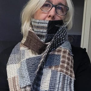 Bufanda de franela reciclada estilo bohemio, de punto lento, estilo boro, estilo Kawandi