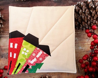 Gift mug rug, fabric placemat, hot pad, Christmas Village, tiny houses, coaster