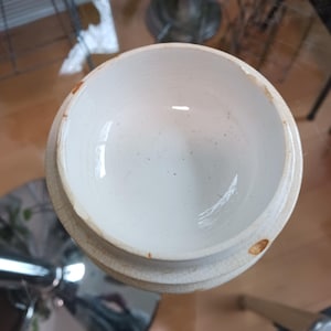 May include: White ceramic lid with a slightly raised rim and a small brown stain on the edge.