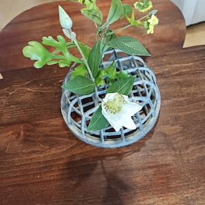 Op de afbeelding: Een decoratieve metalen bloemenkikker, geschilderd in een verweerd blauwgrijs, bevat een kleine opstelling van groen en witte bloemen. De opstelling omvat groene bladeren, gele bloemen en een witte bloem met een geel centrum. De kikker staat op een donker houten oppervlak.