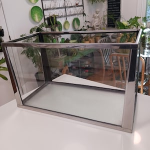 May include: A rectangular glass terrarium with a stainless steel frame. The clear glass allows for full visibility of the interior. The corners and edges are reinforced with the metal frame. The terrarium sits on a white surface.