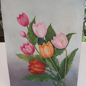 May include: A painting of a bouquet of tulips in shades of pink, orange, and red. The tulips are painted on a light blue background.