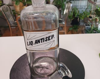 Antique Apothecary Bottle,  LIQ. ANTISEP. Label, Ground Stopper, Glass Label, Antique Pharmacy Bottle, Antique Glass Bottle, 1800s Bottle