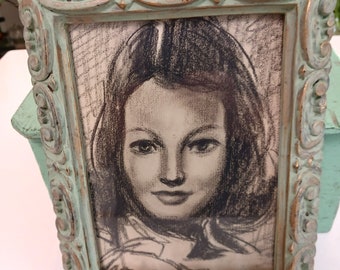 Vintage Framed Pencil Drawing, Pencil Drawing of Woman, Framed Drawing, Framed Sketch, Vintage Portrait Drawing