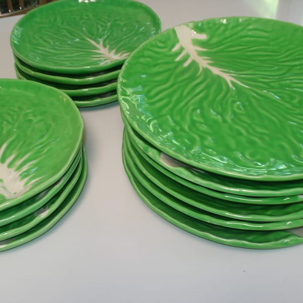 Vintage Italian Majolica Lettuce Plates: Salad, Bread, Dinner Plates