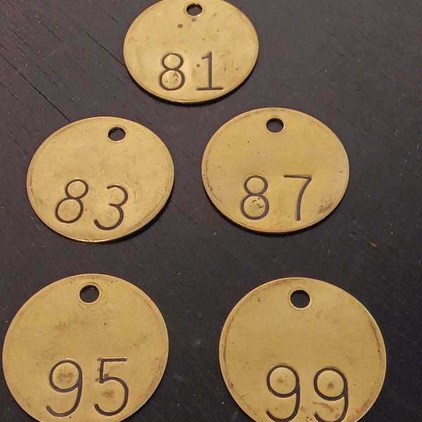 5 Vintage Brass Tags, Vintage Metal Tags, Vintage Number Tags