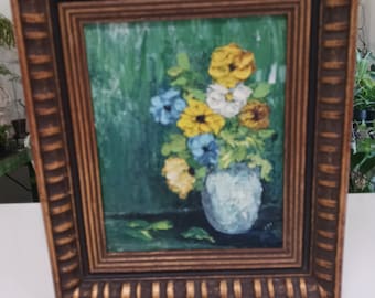 Vintage Flower Impasto Oil Painting in Gold Wood Frame, Vintage Framed Flower Painting, Framed Floral Painting, Vintage Painting
