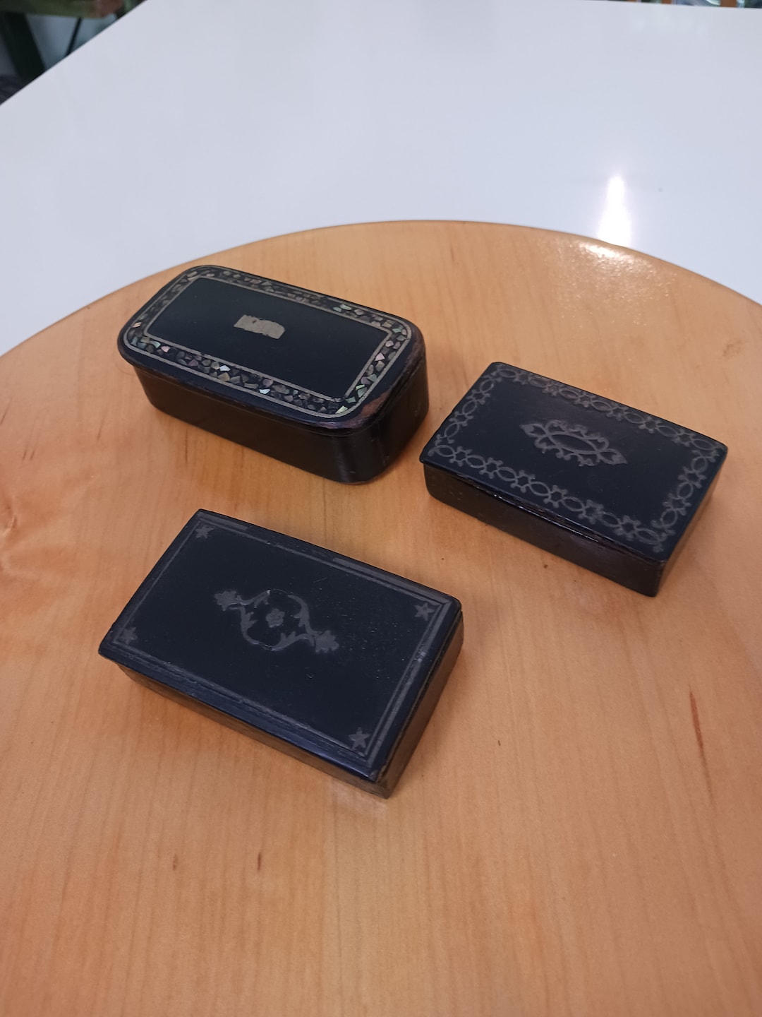 Antique Paper Mache Snuff Box Trio: Mother of Pearl Inlay, Embossed ...