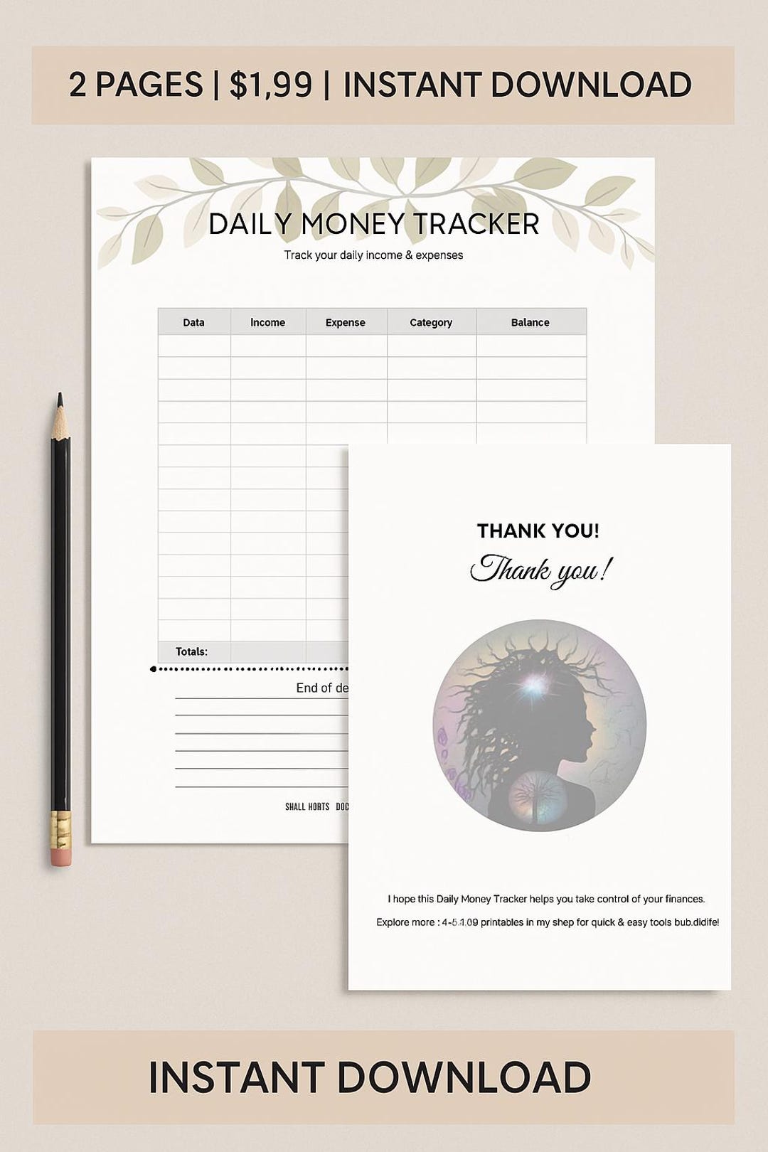 Daily Money Tracker | 2 Page Budget Worksheet | 1.99 Printable PDF ...