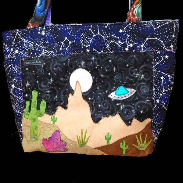 Desert Rose Quartz Patchwork Tote, Psychedelic Bag, Trippy UFO Desert Scene, Hand Dyed Fabric, Fully Lined, *FREE US Shipping!*