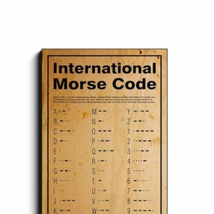May include: A vintage-style chart with the International Morse Code alphabet, numbers, and punctuation. The chart is printed on a brown background with black text.