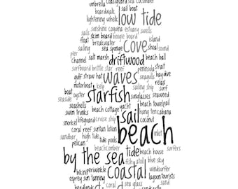 Words About The Beach Collage Word Cloud Unframed Poster or Print