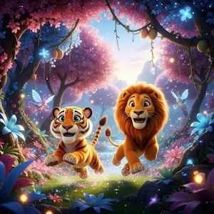 Puede incluir: Ilustración vibrante de un tigre y un león corriendo por un bosque mágico. El tigre tiene rayas naranjas y negras, y el león tiene una melena dorada. El bosque está lleno de flores rosas y azules y luces brillantes.