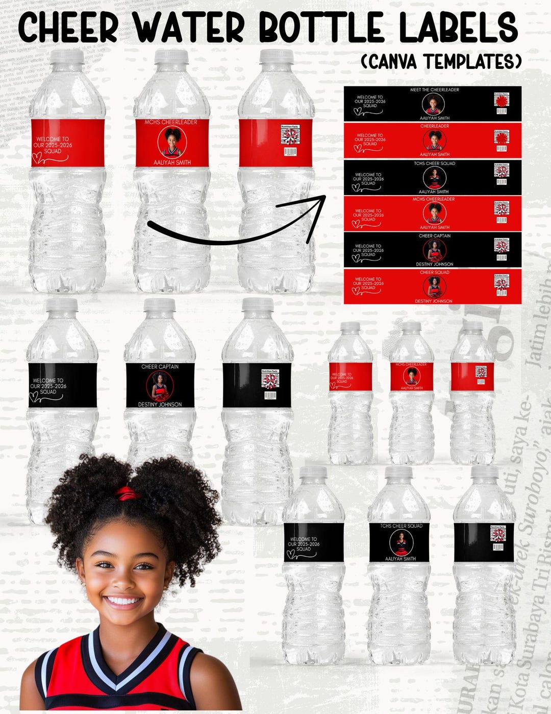 Cheer Water Bottle Label Template | Team Spirit Party Favor (canva ...