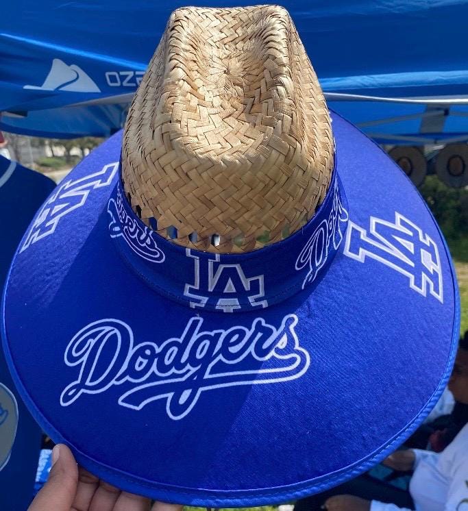 100% Paper Straw Fedora Panama Style Hat - LA Dodgers Raiders Fabric Band, Size L, Beige