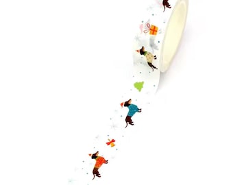 Cinta adhesiva decorativa navideña con diseño de perro salchicha - 1 rollo completo