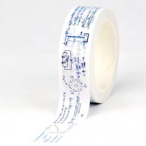 May include: A roll of white washi tape featuring blue scientific diagrams and equations. The tape is unrolled, displaying detailed illustrations of physics and chemistry concepts, ideal for crafting and stationery.