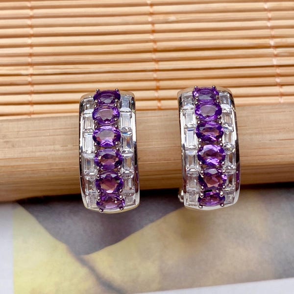 Sterling Silver Amethyst Huggie Hoop Earrings: Channel-Set Gemstones