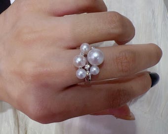 Statement natural white freshwater pearl ring 925 silver/Vintage multi pearls cluster ring women/June birthstone ring jewelry