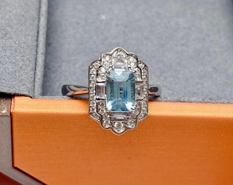 Smaragdslipad akvamarinring: Art Deco-halo i sterlingsilver