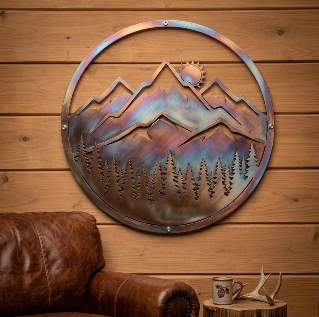 Mountain Metal Wall Art Rustic Landscape Decor Forest Cabin Wall Sign Mountain Metal Wall Art Rustic Landscape Decor Forest Cabin Wall Sign