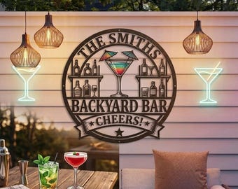 Letrero personalizado para bar de jardín, decoración personalizada para bar de cócteles, letrero de metal con nombre familiar, regalo de arte de pared para bar de patio exterior