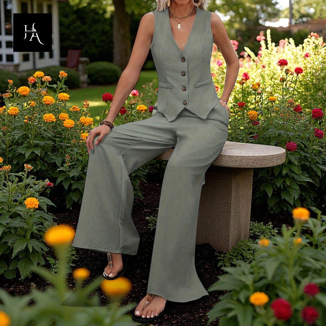 Tailleur Pantalon Femme Chic Ensemble Gilet Sans Manches Avec