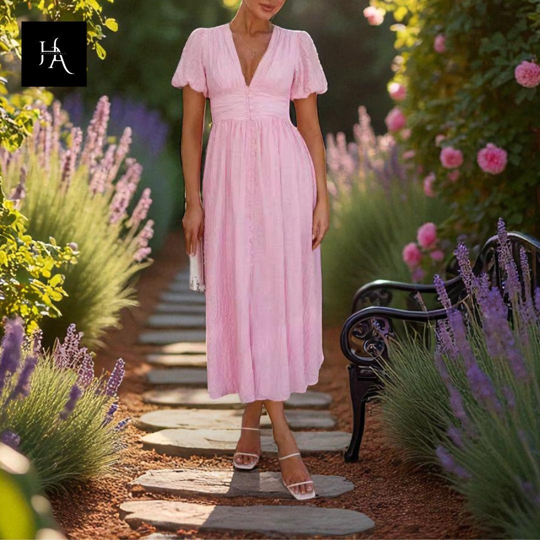 Elegant Puff Sleeve Maxi Dress With V-neck & Button Detail  Summer Flowy  A-line Long Dress  Sizes S-XL - Etsy New Zealand