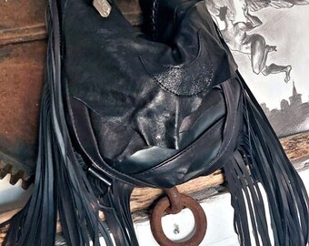 Black fringed fringe bag crescent moon metalhead goth gothic purse leather designer sweet smoke bags bike purse chain