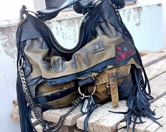 MASH  green military leather black fringed tote hobo bag fringe  designer rockstyle metalhead  purse chains sweet smoke bags