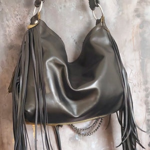 MASH green military leather black fringed tote hobo bag fringe designer rockstyle metalhead purse chains sweet smoke bags zdjęcie 5