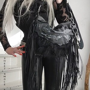 Black leather  fringe fringed feathers goth gothic purse  leather bag fringe fringed bag designer sweet smoke bags bike purse studded