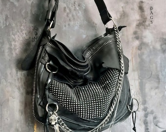 Silver black leather purse studded black dark romantic hobo bag fringe goth designer gothic purse sweet smoke bags