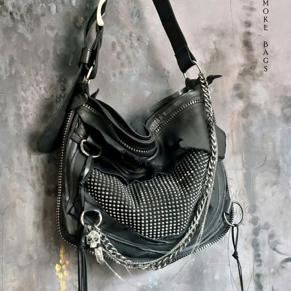 Silver black leather purse studded black dark romantic hobo bag fringe goth designer gothic purse sweet smoke bags
