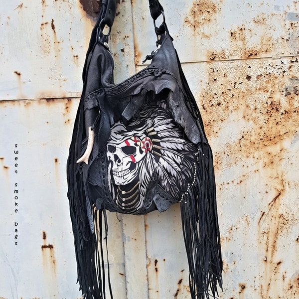 Tribal skull biker feathers headress indian purse motorbike bag distressed leather hobo primitive festival sweet smoke steampunk