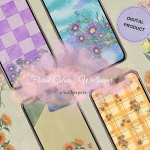 Pode incluir: Quatro telas de smartphone exibindo papéis de parede digitais com designs florais e xadrez em roxo, azul, amarelo e verde. O texto na imagem diz: Digital Product, Floral Colors Wallpaper, 4 wallpapers.